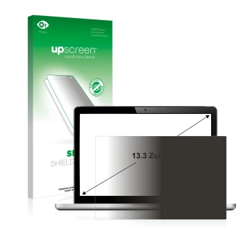 Parte frontal de un envase de producto con el logotipo de la marca upscreen. Al lado se muestra el dispositivo con su protecto