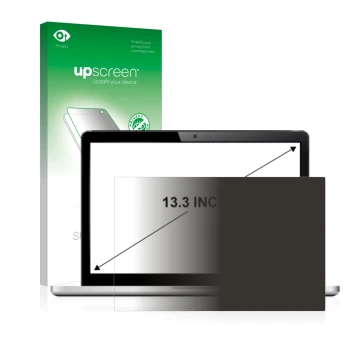 Parte frontal de un envase de producto con el logotipo de la marca upscreen. Al lado se muestra el dispositivo con su protecto