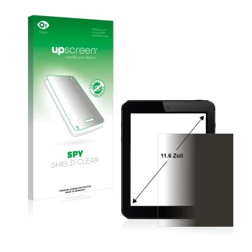 Parte frontal de un envase de producto con el logotipo de la marca upscreen. Al lado se muestra el dispositivo con su protecto