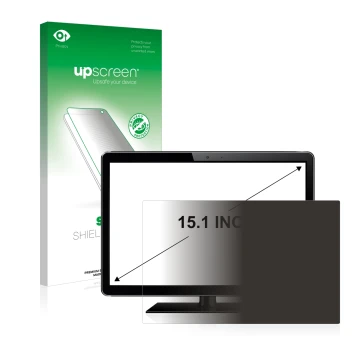 Parte frontal de un envase de producto con el logotipo de la marca upscreen. Al lado se muestra el dispositivo con su protecto