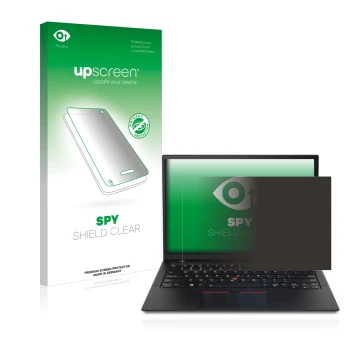 Parte frontal de un envase de producto con el logotipo de la marca upscreen. Al lado se muestra el dispositivo Lenovo ThinkPad