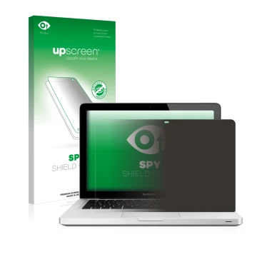 Parte frontal de un envase de producto con el logotipo de la marca upscreen. Al lado se muestra el dispositivo Apple MacBook P