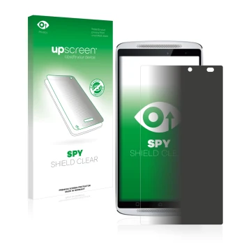 Parte frontal de un envase de producto con el logotipo de la marca upscreen. Al lado se muestra el dispositivo Lenovo Vibe X3 