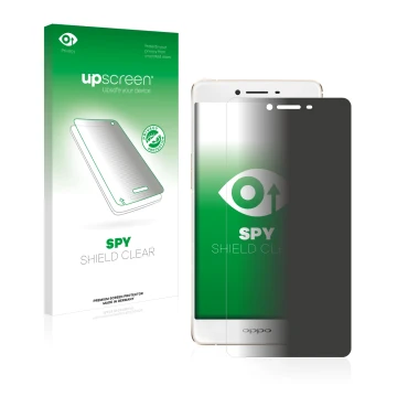 Parte frontal de un envase de producto con el logotipo de la marca upscreen. Al lado se muestra el dispositivo Oppo R7s con su