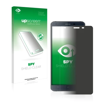 Parte frontal de un envase de producto con el logotipo de la marca upscreen. Al lado se muestra el dispositivo Oukitel K6000 c