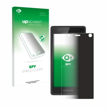 Parte frontal de un envase de producto con el logotipo de la marca upscreen. Al lado se muestra el dispositivo Fairphone 2 con