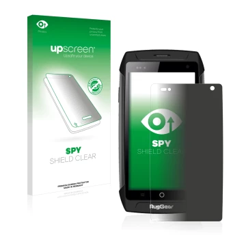 Parte frontal de un envase de producto con el logotipo de la marca upscreen. Al lado se muestra el dispositivo RugGear RG730 c