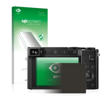 Parte frontal de un envase de producto con el logotipo de la marca upscreen. Al lado se muestra el dispositivo Panasonic Lumix