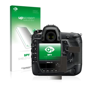 Parte frontal de un envase de producto con el logotipo de la marca upscreen. Al lado se muestra el dispositivo Nikon D5 con su