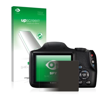 Parte frontal de un envase de producto con el logotipo de la marca upscreen. Al lado se muestra el dispositivo Canon PowerShot