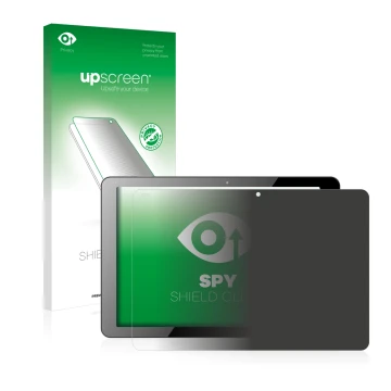Parte frontal de un envase de producto con el logotipo de la marca upscreen. Al lado se muestra el dispositivo Chuwi Hi12 con 