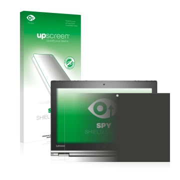 Parte frontal de un envase de producto con el logotipo de la marca upscreen. Al lado se muestra el dispositivo Lenovo ThinkPad