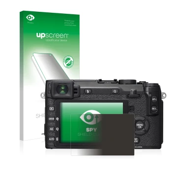 Parte frontal de un envase de producto con el logotipo de la marca upscreen. Al lado se muestra el dispositivo Fujifilm X-E2S 