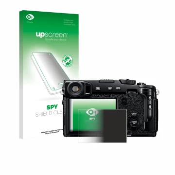 Parte frontal de un envase de producto con el logotipo de la marca upscreen. Al lado se muestra el dispositivo Fujifilm X-Pro2