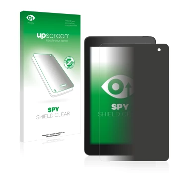 Parte frontal de un envase de producto con el logotipo de la marca upscreen. Al lado se muestra el dispositivo Dell Venue 8 Pr