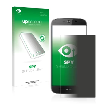 Parte frontal de un envase de producto con el logotipo de la marca upscreen. Al lado se muestra el dispositivo Acer Liquid Jad