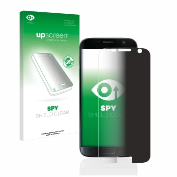 Parte frontal de un envase de producto con el logotipo de la marca upscreen. Al lado se muestra el dispositivo Samsung Galaxy 