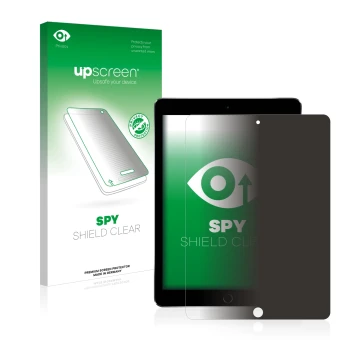 Parte frontal de un envase de producto con el logotipo de la marca upscreen. Al lado se muestra el dispositivo Apple iPad Pro 