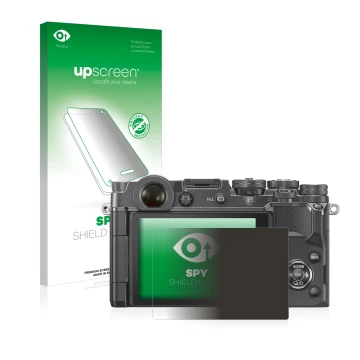 Parte frontal de un envase de producto con el logotipo de la marca upscreen. Al lado se muestra el dispositivo Olympus PEN-F c