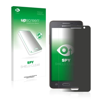 Parte frontal de un envase de producto con el logotipo de la marca upscreen. Al lado se muestra el dispositivo Samsung Galaxy 