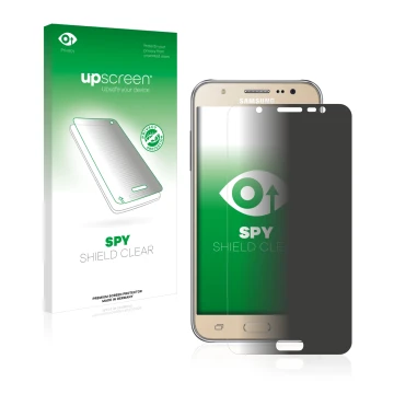 Parte frontal de un envase de producto con el logotipo de la marca upscreen. Al lado se muestra el dispositivo Samsung Galaxy 