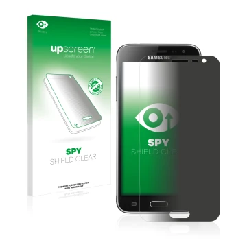Parte frontal de un envase de producto con el logotipo de la marca upscreen. Al lado se muestra el dispositivo Samsung Galaxy 