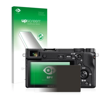 Parte frontal de un envase de producto con el logotipo de la marca upscreen. Al lado se muestra el dispositivo Sony Alpha 6300