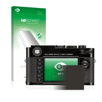 Parte frontal de un envase de producto con el logotipo de la marca upscreen. Al lado se muestra el dispositivo Leica M (Typ 26