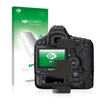 Parte frontal de un envase de producto con el logotipo de la marca upscreen. Al lado se muestra el dispositivo Canon EOS 1D X 