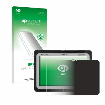 Parte frontal de un envase de producto con el logotipo de la marca upscreen. Al lado se muestra el dispositivo Panasonic Tough