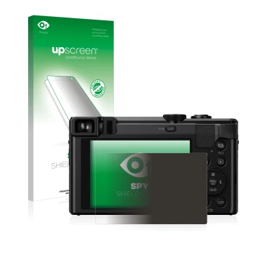 Parte frontal de un envase de producto con el logotipo de la marca upscreen. Al lado se muestra el dispositivo Panasonic Lumix