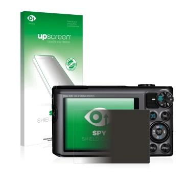Parte frontal de un envase de producto con el logotipo de la marca upscreen. Al lado se muestra el dispositivo Canon PowerShot