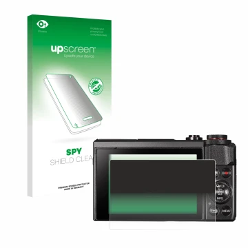 Parte frontal de un envase de producto con el logotipo de la marca upscreen. Al lado se muestra el dispositivo Canon PowerShot