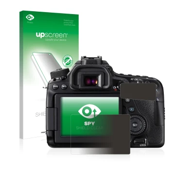 Parte frontal de un envase de producto con el logotipo de la marca upscreen. Al lado se muestra el dispositivo Canon EOS 80D c
