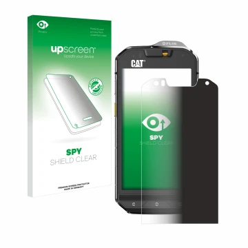 Parte frontal de un envase de producto con el logotipo de la marca upscreen. Al lado se muestra el dispositivo Caterpillar Cat