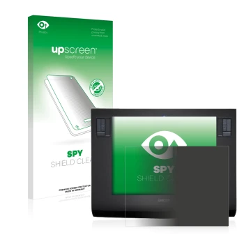 Parte frontal de un envase de producto con el logotipo de la marca upscreen. Al lado se muestra el dispositivo Wacom Intuos 3 