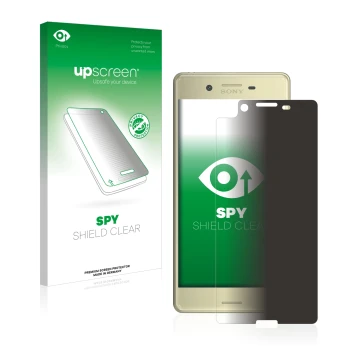 Parte frontal de un envase de producto con el logotipo de la marca upscreen. Al lado se muestra el dispositivo Sony Xperia X c