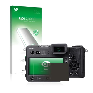 Parte frontal de un envase de producto con el logotipo de la marca upscreen. Al lado se muestra el dispositivo Sigma SD Quattr