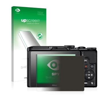 Parte frontal de un envase de producto con el logotipo de la marca upscreen. Al lado se muestra el dispositivo Nikon Coolpix A