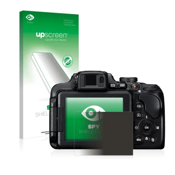 Parte frontal de un envase de producto con el logotipo de la marca upscreen. Al lado se muestra el dispositivo Nikon Coolpix B