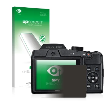 Parte frontal de un envase de producto con el logotipo de la marca upscreen. Al lado se muestra el dispositivo Nikon Coolpix B