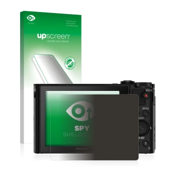 Parte frontal de un envase de producto con el logotipo de la marca upscreen. Al lado se muestra el dispositivo Sony Cyber-Shot