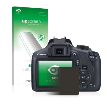 Parte frontal de un envase de producto con el logotipo de la marca upscreen. Al lado se muestra el dispositivo Canon EOS 1300D