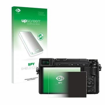 Parte frontal de un envase de producto con el logotipo de la marca upscreen. Al lado se muestra el dispositivo Panasonic Lumix