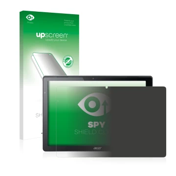 Parte frontal de un envase de producto con el logotipo de la marca upscreen. Al lado se muestra el dispositivo Acer Switch Alp