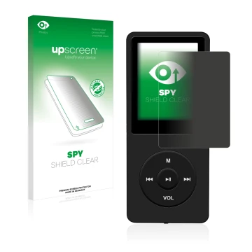 Parte frontal de un envase de producto con el logotipo de la marca upscreen. Al lado se muestra el dispositivo AGPtek 8GB MP3-