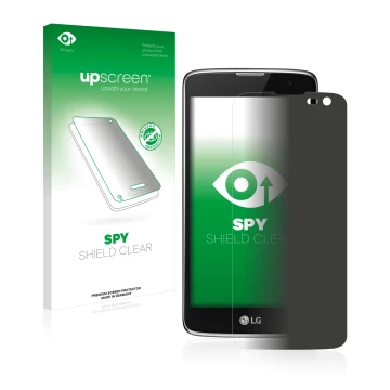 Parte frontal de un envase de producto con el logotipo de la marca upscreen. Al lado se muestra el dispositivo LG K7 (cámara a