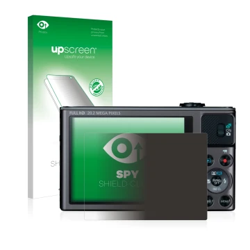 Parte frontal de un envase de producto con el logotipo de la marca upscreen. Al lado se muestra el dispositivo Canon PowerShot