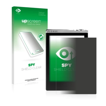 Parte frontal de un envase de producto con el logotipo de la marca upscreen. Al lado se muestra el dispositivo Cowon Plenue D 