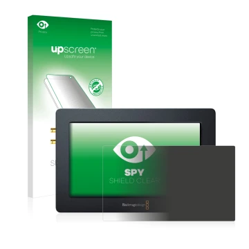 Parte frontal de un envase de producto con el logotipo de la marca upscreen. Al lado se muestra el dispositivo Blackmagic Desi